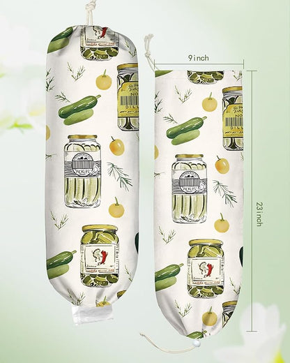 Plastic Bag Holder Organizer - 1 Pack Reusable Canvas Grocery Bags Holder Hanging Wall Cute Aesthetic Shopping Bag Storage Dispenser with Drawstring Closure for Kitchen Home, Canned