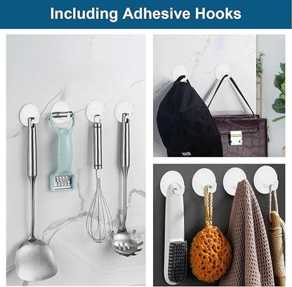 Razor Holder for Shower + Adhesive Wall Hooks, Premium 304 Stainless Steel Shower Razor Holder with Heavy Duty Waterproof Sticky Hooks for Hanging Towels, Coat, hat (4+4 Pack) - White