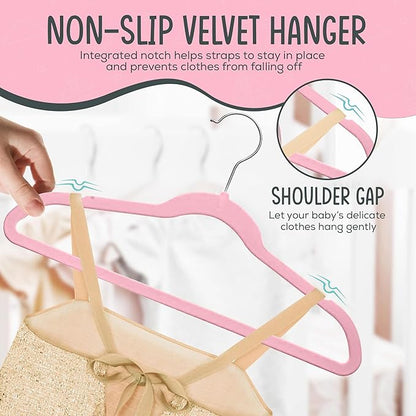 TechZoo 25 Premium Kids Velvet Hangers - 14" Non-Slip Clothes Hangers for Kids & Preteens - Ultra Slim, Space-Saving, Strong & Durable Hangers with 360° Swivel Hook - Pink