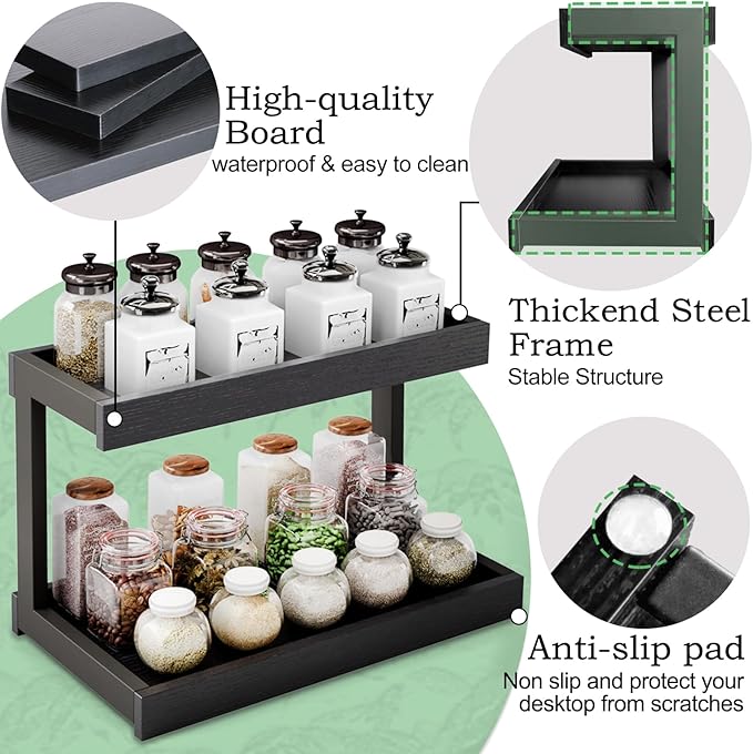MARTY 2 Tier Spice Rack Organizer for Countertop, 15.8''L Coffee Station/Bathroom Organizer Countertop, Counter Shelf Desktop Storage Organizer for Kitchen, Bedroom, Office (Black)