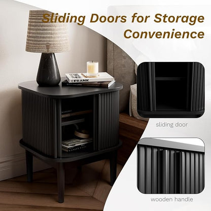 Fluted Nightstand with Sliding Doors, Modern Bedside Table with Solid Wood Legs, Wood Night Stand for Bedroom, Black