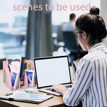 SAYEEC Sturdy Magazine Holder 4 Compartments Plastic Desktop File Organizer File Dividers Office Organizer Storage Document Magaizne Rack Display Box (Pink)