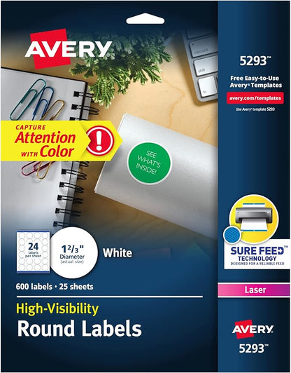 Avery Round Printable Labels, 1-2/3" Diameter, Matte White, Sure Feed Technology, Laser & Inkjet Compatible, 600 Blank Labels Total, Great for Branding, Packages, School Supplies, and More (5293)