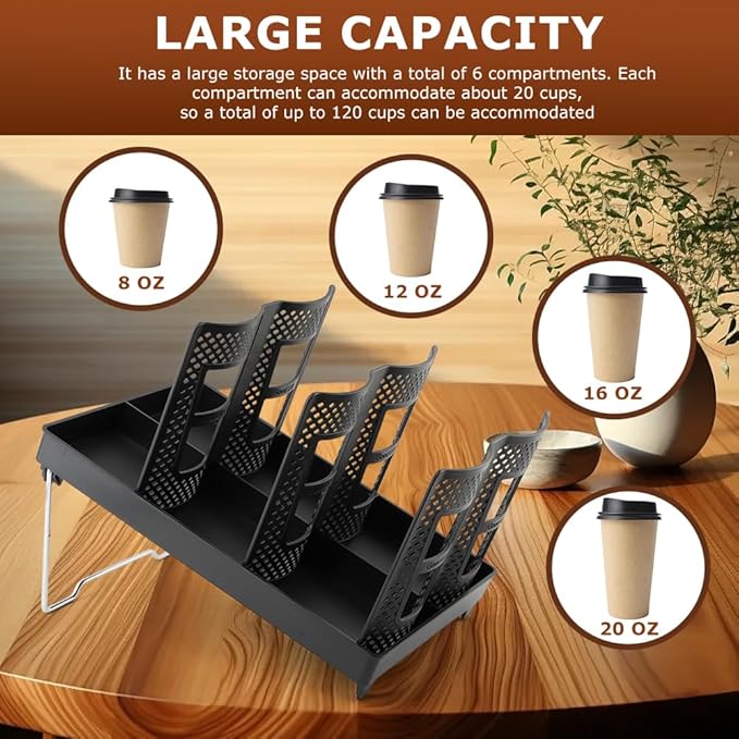 Paper Cup and Lid Holder, Coffee Cup Holder Organizer, 6-Slot Disposable Cups Dispenser with Stand for Coffee Stations, Kitchens, Bars, Restaurants, Lounges(Color:Black)