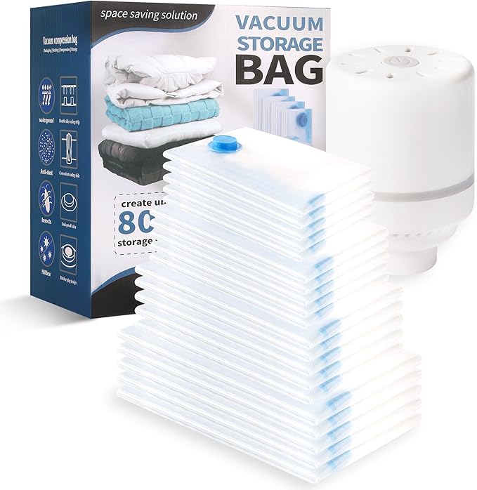 Vacuum Storage Bags for Clothing,With Electric Air Pump Space Saving Compression Bags,Waterproof, 80% Storage Reduction,20 Pack Vacuum Seal Bags (5 Jumbo, 5 Large, 5 Medium, 5 Small) for Clothes