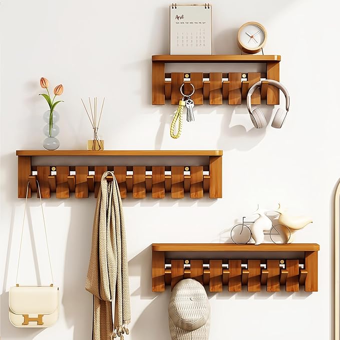 Wall Mounted Coat RackHooks Piano Key Hangers Natural Solid Wood Hanger Non-Woven Fabric Clothes Hangers for Closet, Kitchen, Bedroom, Bathroom, Entryway (Tray-Walnut, 10 Hooks)