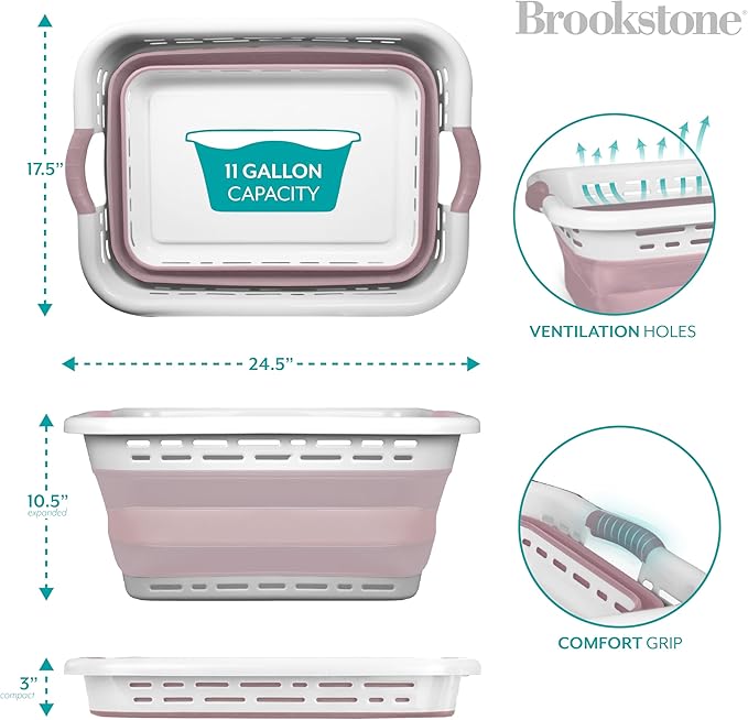 BROOKSTONE 11 GALLON XL 24" Collapsible Laundry Basket, Comfort Non-Slip Grip Handles, Modern Minimalist Space Saving Design, Portable Pop-Up Hamper, BPA FREE, Blush, 1 Basket
