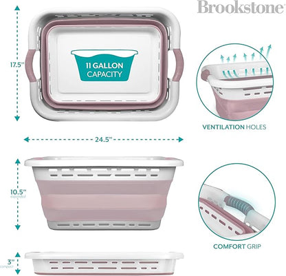 BROOKSTONE 11 GALLON XL 24" Collapsible Laundry Basket, Comfort Non-Slip Grip Handles, Modern Minimalist Space Saving Design, Portable Pop-Up Hamper, BPA FREE, Blush, 1 Basket