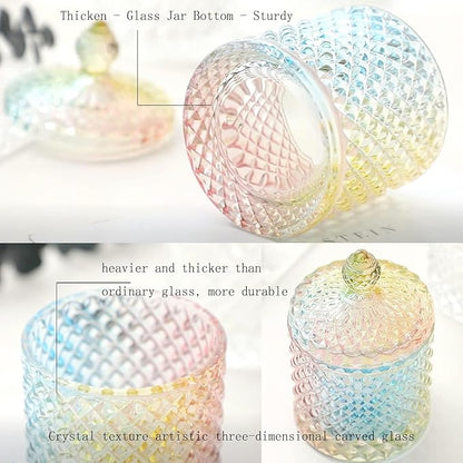 Qtip Holder Glass Apothecary Jars with Lid Bathroom Accessories Vanity Organizers and Makeup Storage for Cotton Swabs, Makeup Sponges, Bath Salts, Canister Dispenser, 2 Pack Rainbow