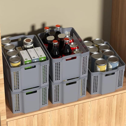 12 Pack Large Plastic Stackable Baskets Organizer, Grey Stacking Storage Basket Bin for Pantry, Shelves