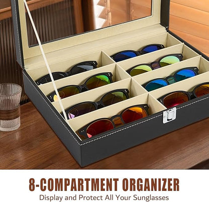 BNFHTD 8-slot synthetic leather Sunglasses Organizer Case for Eyeglasses and Glasses, glasses holder, Includes Cleaning Cloth, for desk and travel