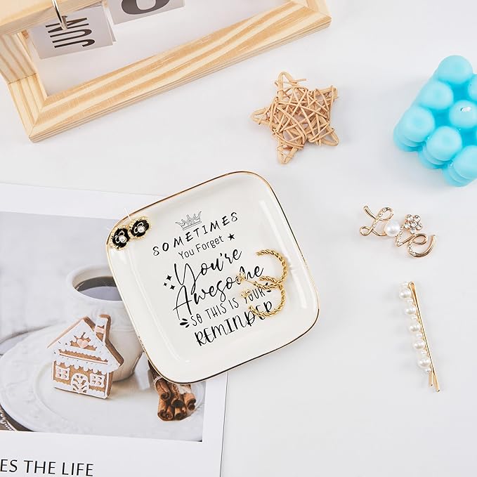 COZITED Inspirational Gifts for Women Trinket Ring Dish Jewelry Tray - You're Awesome Gifts for Her Female Friend Unique Gifts for Women Birthday Christmas Valentines Mother's Day, White