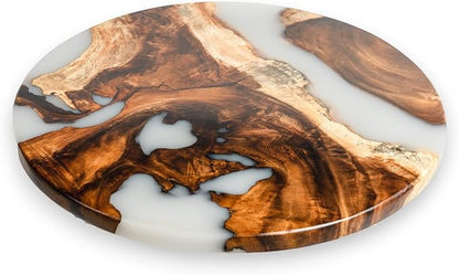 Handmade Reversible 16" Wood and Epoxy Resin Lazy Susan, Turntable for Kitchen Countertop, Rotating Display Stand, Organizer and Storage for Dining Table, Cup Board, Home Decor (White)