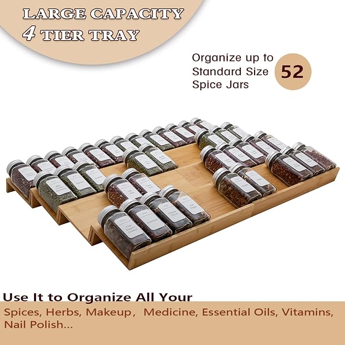 Angimio Bamboo Spice Rack Drawer Organizer - 8 Piece Set - 12" Wide, Combine Into 24" Rack (12" or 24")