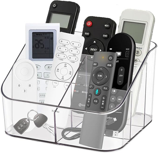 Remote Control Holder, Clear Plastic Remote Caddy for Desk and Nightstand Storage, Space-Saving Desk Organizer with See-Through Design for Living Room and Desk Accessories, 5 Compartments