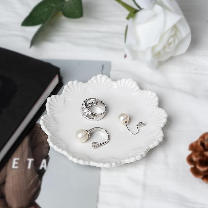 Ceramic Jewelry Dish, Decorative Tray for Rings Earrings Necklaces Bracelet Watch Keys, 4.50" Trinket Tray as Gifts for Women (White Shell)