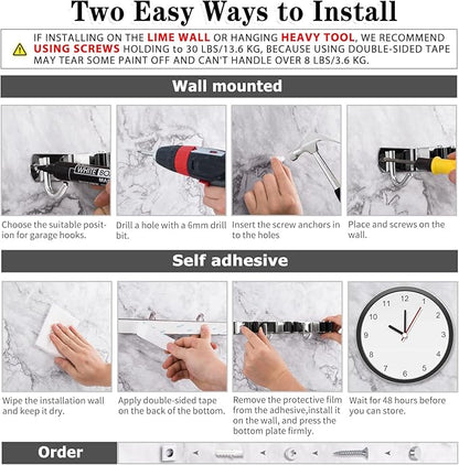 2 Pack 3 Racks and 4 Hooks Broom and Mop Holder Wall Mounted Garage Organizer Storage Tool Racks Stainless Steel Heavy Duty Hooks Self Adhesive Solid Non-slip Wall Hangers for Home Kitchen Garden