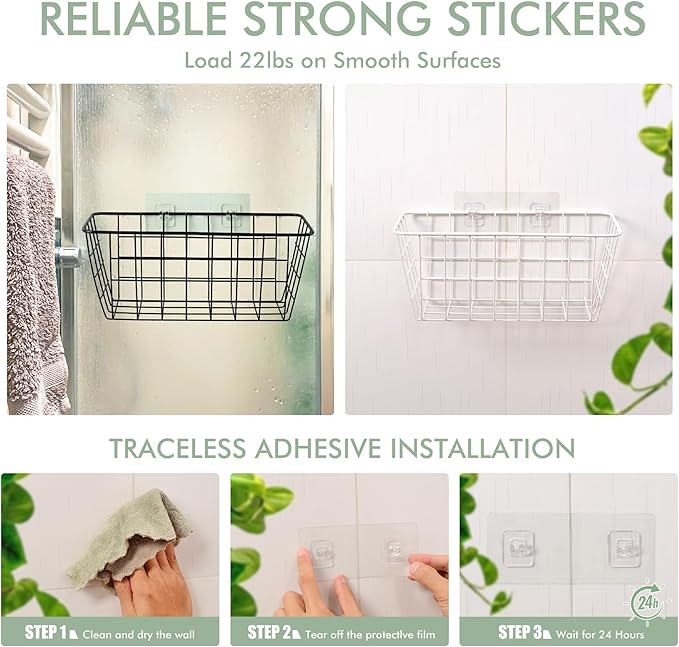 Wire Hanging Wall Basket, 4 White Baskets Set Adhesive Wall Mount Organizer for Pantry Kitchen RV Bathroom Cabinet Storage Organization