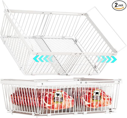 ANJUBAN Large Freezer Organizer Bins，Upgraded Bottom Leak-Proof net，2 Pack， Expandable Stackable Chest Freezer Containers with Handle，for Fridge, Deep Freezer, Cabinet, Kitchen, Pantry (White-2Pack)