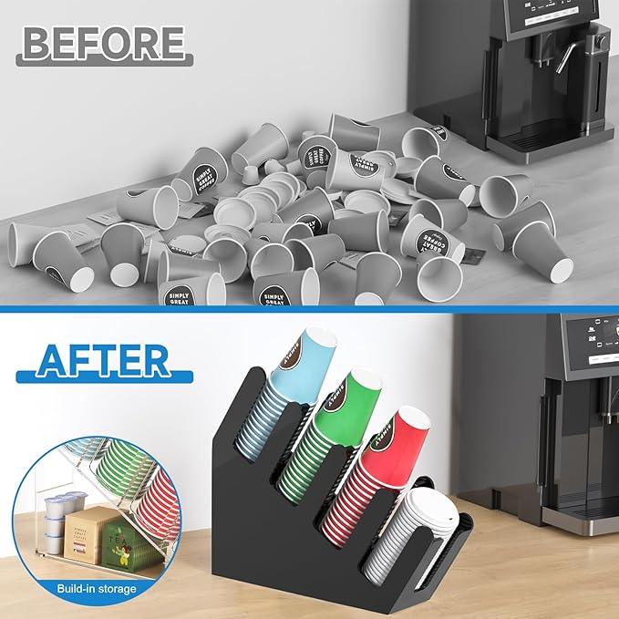 WINFFOR 4-Compartment Disposable Cup Holder - Cup and Lid Holder with Straw Organizer Black Acrylic Cup Dispenser with Coffee Pod Storage for Coffee Station Bar Countertop Restaurant Breakroom