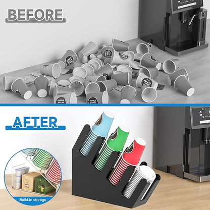 WINFFOR 4-Compartment Disposable Cup Holder - Cup and Lid Holder with Straw Organizer Black Acrylic Cup Dispenser with Coffee Pod Storage for Coffee Station Bar Countertop Restaurant Breakroom