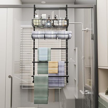 X-cosrack Adjustable Towel Racks for Bathroom Door Hanging, 5 Tiers Over The Door Towel Rack with Hooks, Bathroom Towel Holder Wall Mount for organizing Towels，Clothes