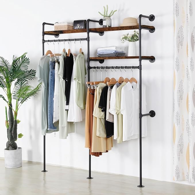 Industrial Pipe Clothing Rack - Black Wall Mounted Clothes Rack with 2 Hanging Rods & 2 Wooden Shelves, Closet Organizers and Storage for Retail Store, Bedroom (79.5 x 59in)
