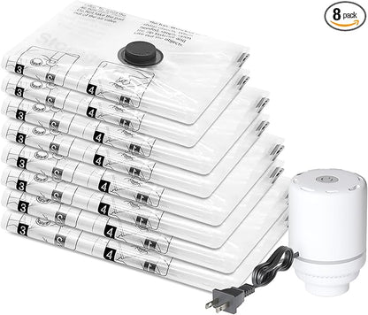 SUOCO 8 Combo Vacuum Storage Bags with Electric Pump, (2 Jumbo, 2 Large, 2 Medium, 2 Small) Travel Clothes Space Saver Bags, Compression Airtight Seal Bags for Clothing, Pillows, Comforters, Blankets