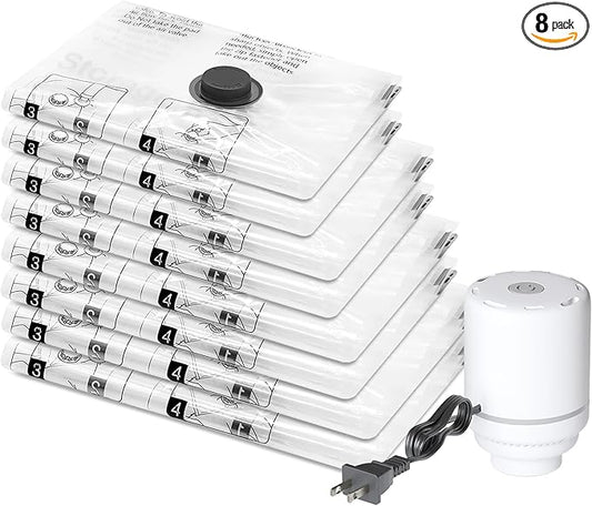 SUOCO 8 Combo Vacuum Storage Bags with Electric Pump, (2 Jumbo, 2 Large, 2 Medium, 2 Small) Travel Clothes Space Saver Bags, Compression Airtight Seal Bags for Clothing, Pillows, Comforters, Blankets