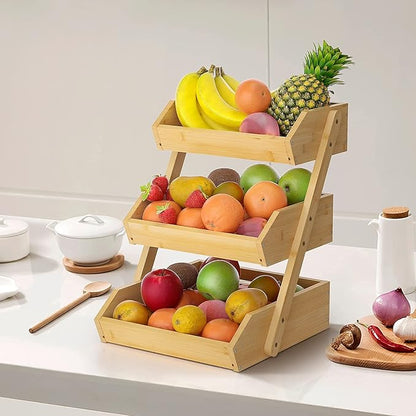 Large 3 Tier Bamboo Fruit Basket Stand for Kitchen Countertop – Fruit Holder – Suitable for Bread, Vegetables, Produce, Home Storage and Display