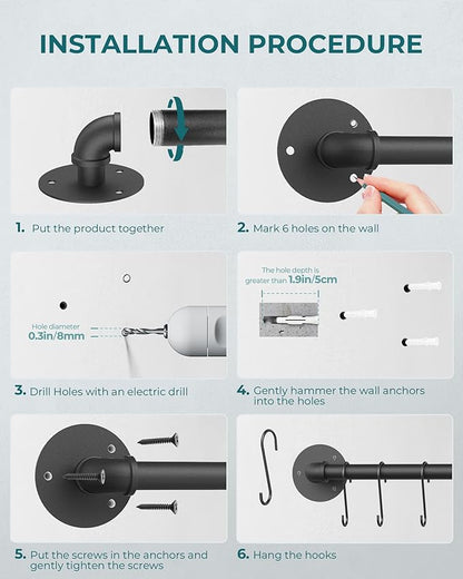 OROPY Wall Mounted Pot Pan Rack 21'' Set of 2, Industrial Utensils Wall Hanger Iron Pipe Kitchen Hanging Rail with 10 S Hooks