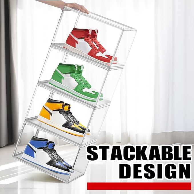 EZJOB 4 Pack Clear Shoe Storage Boxes Stackable Shoes Organizer Acylic Boots Sneaker Display Case with Magnetic Lid,Size14