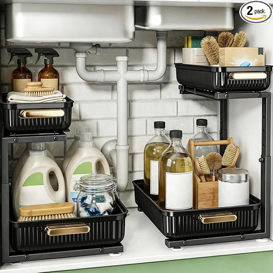 Under Sink Organizer - 2 Packs Multi-Purpose Pull-Out Storage Organizers, Slide out Pull out Cabinet Organizer Shelf, Storage for Kitchen Bathroom, Black