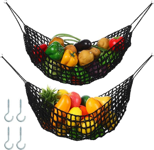 Xuhal 2 Pcs 11.8 x 20 Inch Large Macrame Fruit Hammock Under Cabinet Veggie Banana Hammock Hanging Fruit Basket Saves Counter Space for Kitchen Hand-woven Lace Hanging Basket (Black Style)