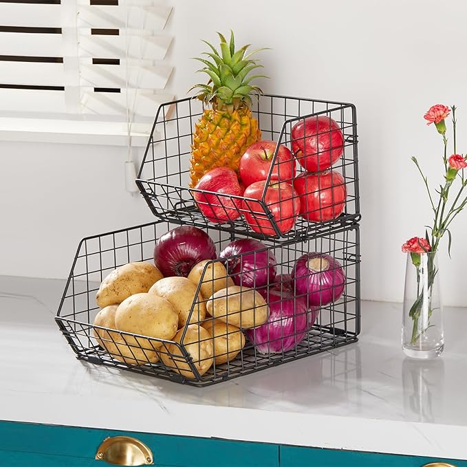 2 Tier Stackable Wire Basket-Kitchen Counter, Pantry Organization and Storage - Cabinet, Countertop Space Saving Organizing - Produce, Fruit, Vegetable,Onion, Potato, Bread Organizer Bin