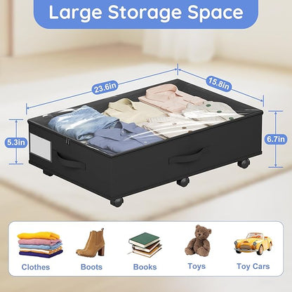 Under Bed Storage with Wheels, 2-Pack Under Bed Storage Containers with Clear Lids, Under the Beds Storage Organizer Bins With Handles, Under Bed Drawer for Clothes, Shoes, Books, Toys