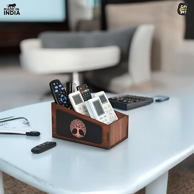 GKD Remote Stand with 3 Sections | Wooden Remote Holder for Living Room, TV, and AC | Stationary Organizer | 3 in 1 | Ideal for Home and Office, New Year Gift, Housewarming Gift (Tree Wood)