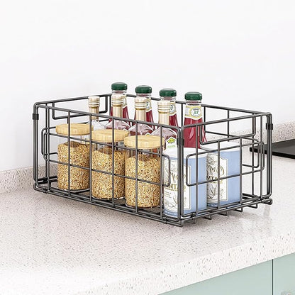 2 Pack Wire Baskets for Pantry Kitchen Organization,13.8inch Large Foldable Snack Storage Organizer Cabinets Freezer, Office,Bathroom,Closets Metal Basket Bin with Handle, 35x21.5x16 cm