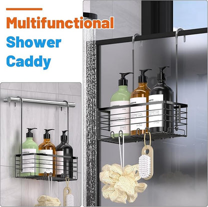 YUOROS Hanging Shower Caddy, Over the Door Shower Organizer Rack 304 Stainless Steel Rustproof Bathroom Storage Shampoo Holder Basket (Black)