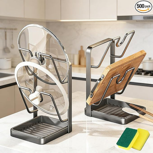 Kitchen Pot Lid Storage Rack, Pot Lid Organizer Rack—The Ultimate Christmas Kitchen Organizer, Multifunctional Utensils Pan Pot Cover Lid Rack Shelf for Pots Lids, Spatulas (Gray-Double Layer)