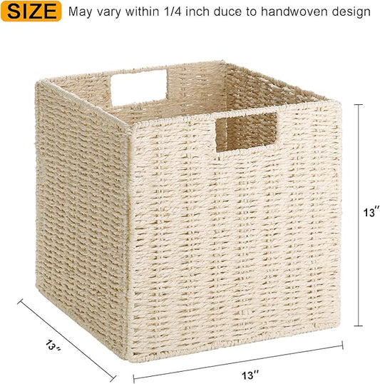 Vagusicc Wicker Storage Basket, Set of 2 Hand-Woven Paper Rope Wicker Baskets, Foldable Cube Storage Bins, Beige Storage Basket, Square Baskets for Organizing Shelves & Decor, Beige(13″×13″×13″)