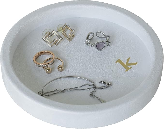 COLLECTIVE HOME - Velvet Jewelry Tray, 6" Monogrammed Jewelry Dish, Smooth Velour Display Dish for Rings, Earrings, Necklaces, Makeup, Personalized Gifts for Women (White-k)