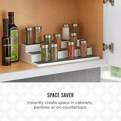 Copco 3-Tier Spice Rack Organizer for Cabinet or Pantry, 10-Inch Non-Skid Tiered Shelf, White/Gray Design Holds Spice Jars, Cans, and Bottles