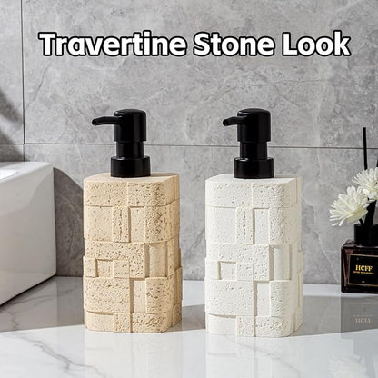 Haocoott Soap Dispensers 400mL 13.5 OZ, 2 PCS Luxurious Hand Dish Lotion Shampoo Soap Dispenser Jar, Travertine Stone Look Soap Pump Bottles for Kitchen Bathroom Countertop (White)