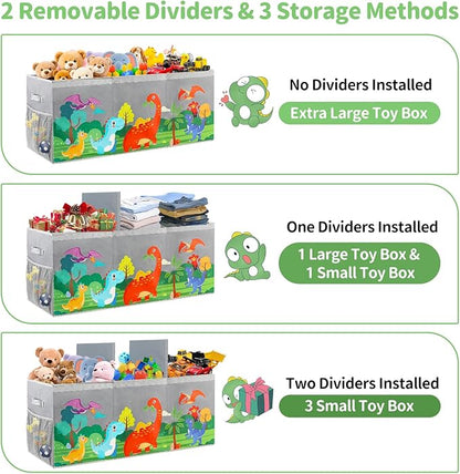 Extra Large Toy Box Chest with Lids, Collapsible Toy Storage Organizer for Kids, Dinosaur Toy Bin Box for Toddlers Boys Girls, Toy Organizer for Living Room Nursery Playroom Bedroom Home Grey