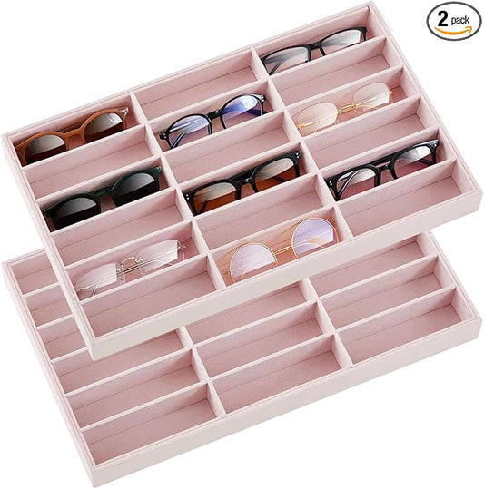 Amylove 2 Pcs Sunglass Organizer Trays Glasses Stackable Jewelry Trays Sunglass Organizer Display Box (18 Grids,Pink)