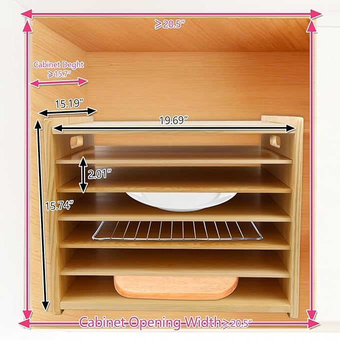 Wooden Tray Dividers for Kitchen Cabinet, 7 Tier Large Size Tray Dividers, 19.69" W x15.74" H x15.19" D, for Cookie Sheets, Baking trays, Cutting Board, Pans, for Organizing Cabinets, 5 Years Warranty