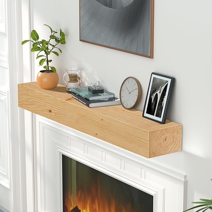 ROOMTEC 48"W x 8"D x 5"H Rustic Wood Floating Fireplace Mantel Shelf, 1 Shelf, Country Rustic Style, Wall Mount, Pine & Oak, Handcrafted, Water Resistant