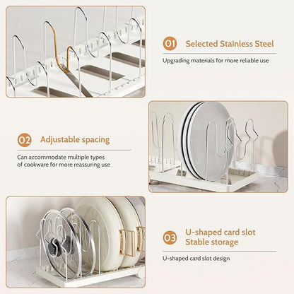 CEHNCEH Pots and Pans Organizer under Cabinet for Cabinet and Countertop Longest 28.5 in Foldable Adjustable 8-Tier Pan Organizer Rack Perfect to Store Pots, Kitchen Cabinet Organizer (White)
