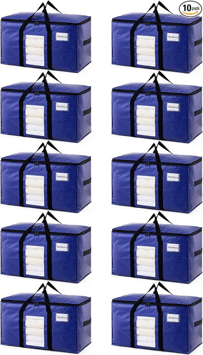 TAILI 10 Pack Dark Blue Extra Large Moving Bags, Heavy Duty Totes with Visible Window, Wrap Around Handles, Great for Space-Saving